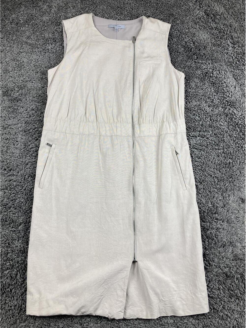Classiques Entier Zipper Dress Beige Sleeveless Sheath Pockets Size 8